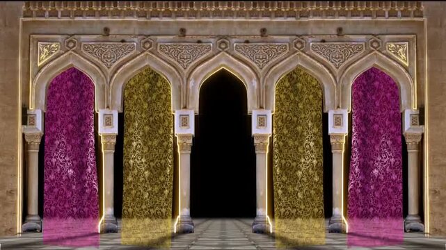 Ornate Islamic-style arched gateway with illuminated golden and magenta patterned curtains, symmetrical stone architecture, decorative muqarnas and calligraphic motifs