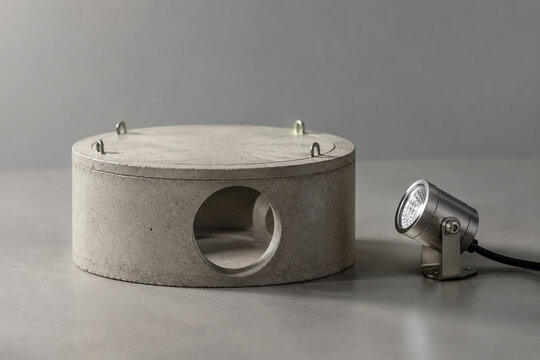 Concrete caisson model and spotlight on grey surface, engineering concept