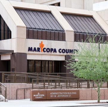 Maricopa County Administration Building Entrance Facade with Large Signage and Address Board at 301 West Jefferson Street in Downtown Phoenix Arizona, Civil Architecture Close Up
