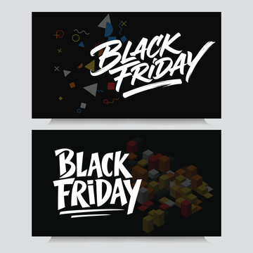 Black friday sale web banner set with memphis geometric shapes and 3d isometric cubes