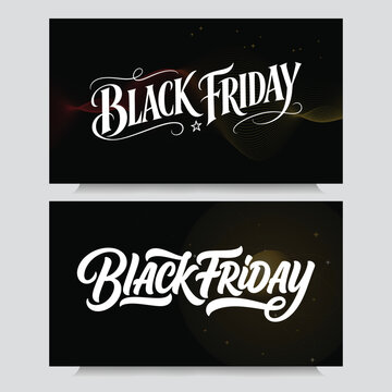 Black friday sale banner set with calligraphic swash lettering and gold wave backdrop