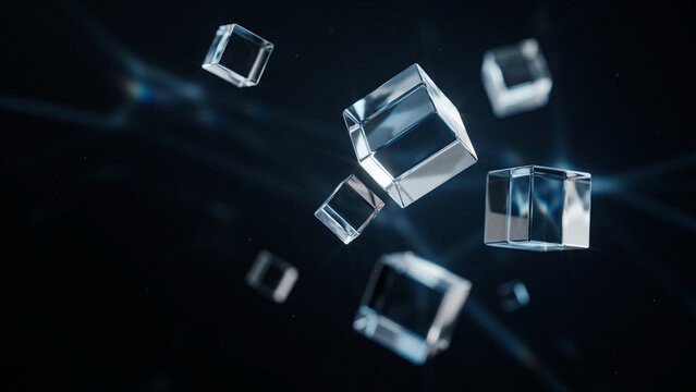 Floating clear glass cubes with light refraction on a dark blue background