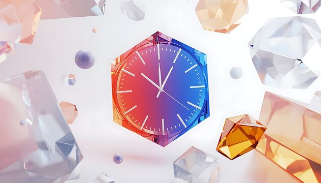 Multifaceted clock shape integrated within a cluster of sparkling crystals with crystal structure gemstone timepiece geometry refraction colorful transparent abstract
