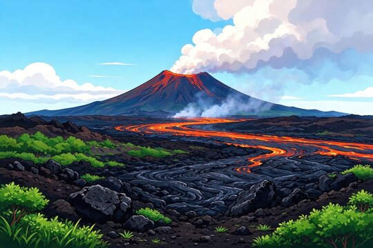 Volcano Erupting with Glowing Orange Lava Flowing Down Slopes and Smoke