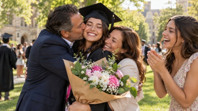  joyful graduate in cap and gown is kissed by a man and hugged by a woman, while another woman claps happily outdoors on a sunny day.