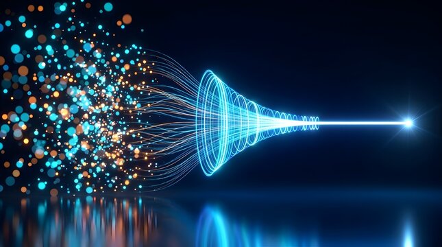 Glowing digital funnel compressing abstract light particles into a focused energy beam representing big data processing