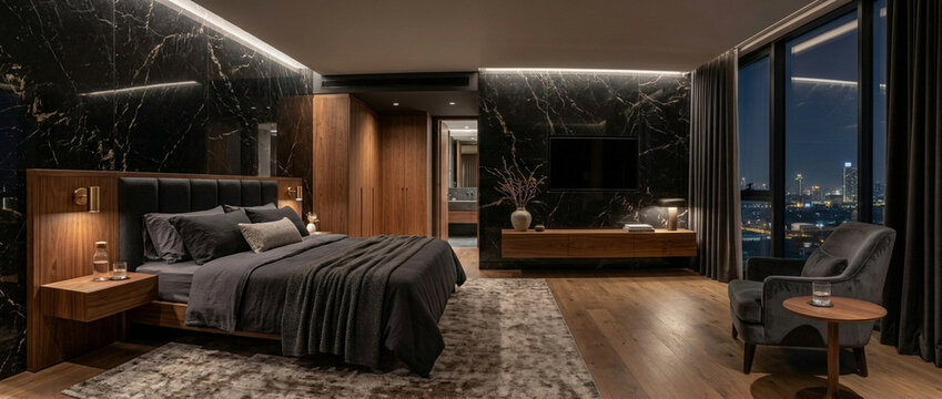 Luxury Modern Bedroom with Black Marble Walls Wood Accents and City Night View