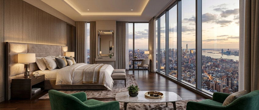Luxury Modern Bedroom with Panoramic City View at Sunset