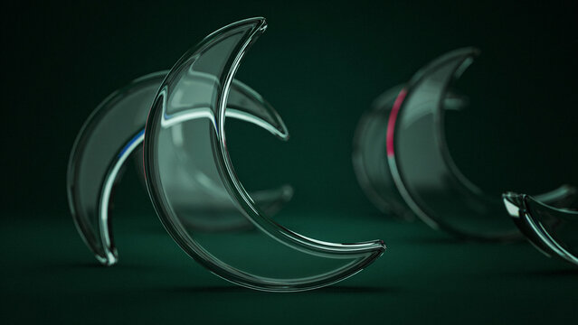 Multiple crescent shaped glass with green light reflections on a dark green background