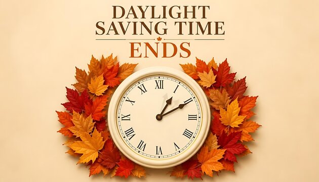 Daylight saving time ends text displayed with a classic clock and autumn leaves change fall foliage maple analog season savings background face