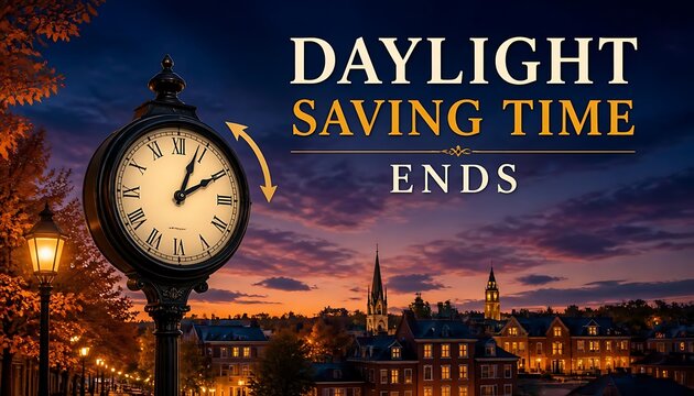 Street clock at sunset showing daylight saving time ends with town buildings in background change adjustment light orange sky autumn evening management shift