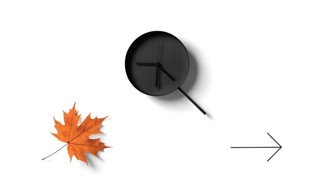 Minimalist black round clock next to an orange maple leaf and a directional arrow with wall autumn flat design vector illustration graphic resources element timepiece