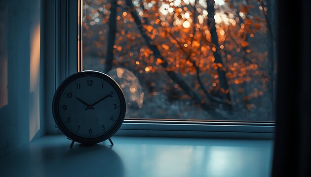 Analog clock resting on a windowsill during golden hour with autumnal trees outside window sill home decor time management passing still life depth of field timepiece daylight
