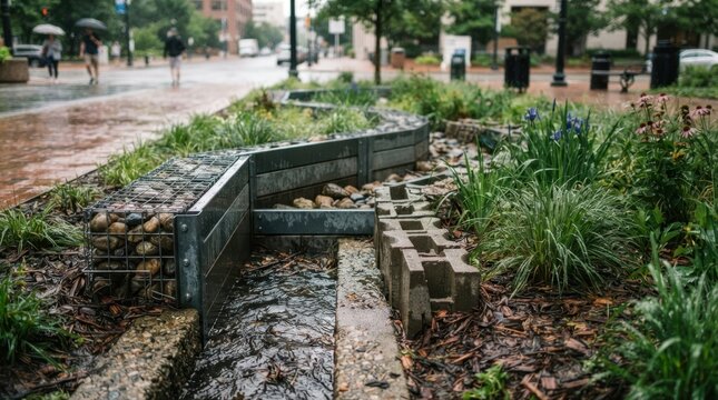 Flood barriers, native grasses, rain garden mulch, and stormwater inlet channels after rainfall for climate adaptation and runoff control.