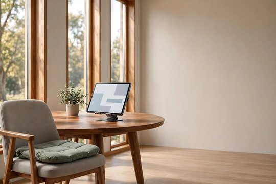 Calm inclusive meeting room with round table and accessibility tablet