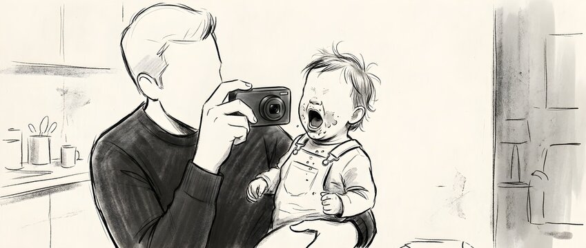 Monochrome sketch depicting a father focusing on photographing a distressed crying toddler instead of offering immediate emotional comfort.