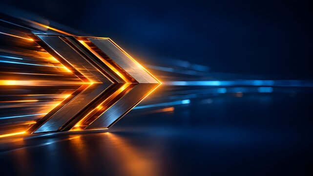 Dynamic metallic arrow with glowing orange light trails speeding forward representing high speed progress and futuristic business momentum
