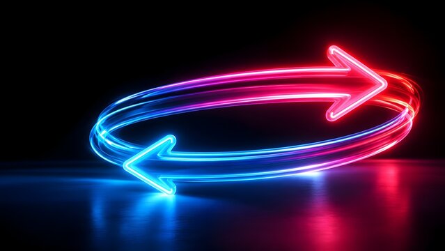 Neon blue and red glowing arrows forming a continuous circular loop representing seamless data exchange and infinite business cycles