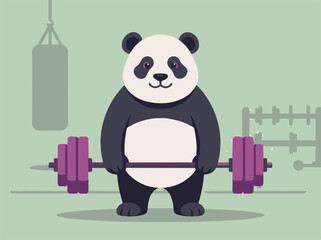 Cute panda lifting a purple barbell in a minimalist fitness illustration. Flat vector animal personification for gym, strength, and cartoon design. © MalikUsman