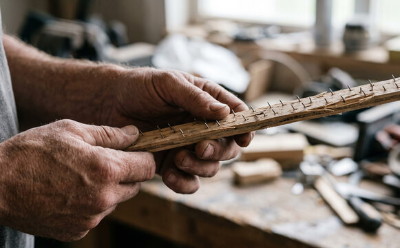 Elderly male carpenter holding a wooden strip with rusty nails in a rustic workshop crafting handmade items