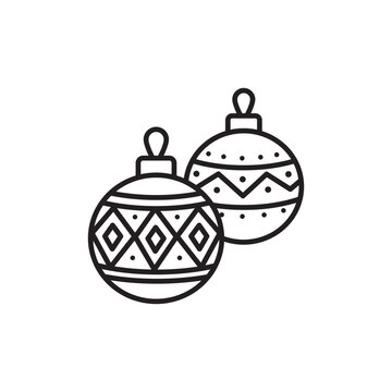 Black and white line icon of two hanging Christmas tree ornament baubles with geometric patterns. 