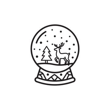 Black and white line icon of a decorative snow globe featuring a standing reindeer and pine tree.