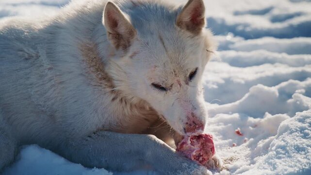 Snow covers white wolf's snowy surroundings. Wolf licks bloodied snout in quiet, natural setting. Animal rests near raw meat in frozen landscape. Scenes capture primal survival in stark