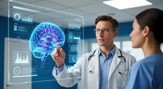 Doctor pointing at interactive glowing 3D human brain display during medical consult