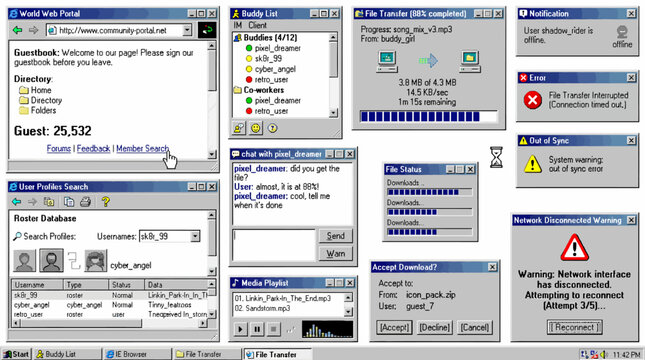 vintage operating system desktop featuring retro chat interfaces, file transfer dialogs, web browser windows, error popups, and media playlists.