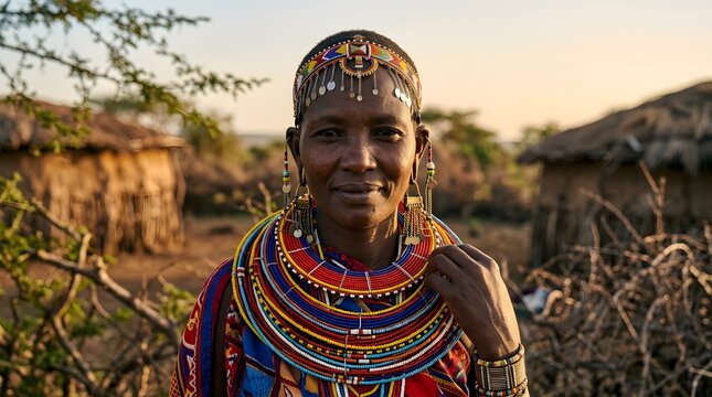 Portrait of a resilient African woman adorned in vibrant traditional beaded jewelry, reflecting her rich cultural heritage and community spirit in a rural village setting