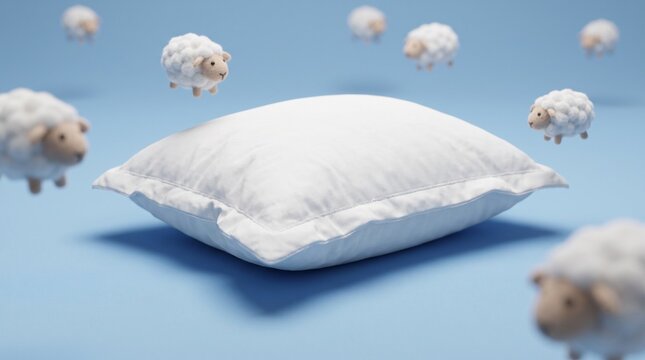 White soft pillow surrounded by fluffy sheep on blue background.