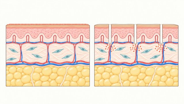 Intact skin barrier versus microneedle channels, PDRN reaching the dermis, flat skin cross section diagram