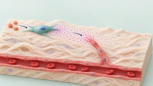 Fibroblast releasing VEGF toward an endothelial tip cell, capillary sprouting angiogenesis isometric illustration