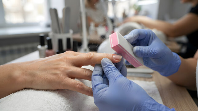 Nail Technician Buffing a Client's Fingernail with a Buffer Block, Professional Beauty Treatment, Salon Manicure Concept. Beauty, Wellness, Care.