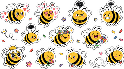 Obraz premium Cute honey bee cartoon sticker set, bumblebee character with flowers and various emotional expressions collection, vector die-cut badge illustration isolated on white background
