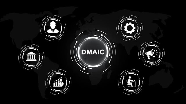 Dmaic methodology infographic animation featuring six sigma management process and global business strategy network connectivity for corporate data analysis and optimization