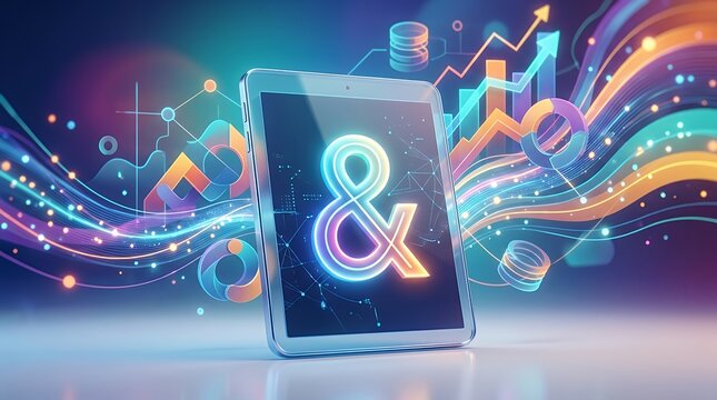 Modern digital calculating device with stylized ampersand character displayed prominently on vibrant colorful background in clean three dimensional rendering layout representing financial union