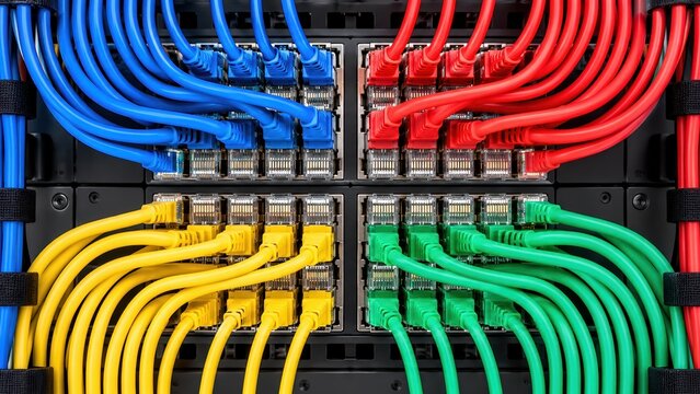 High density network server rack with colorful ethernet cables connecting data switch ports for enterprise internet connectivity solution