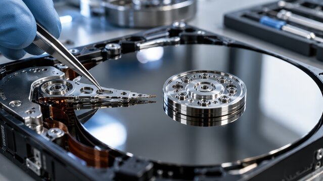Professional hard drive data recovery technician repairing computer storage hardware components