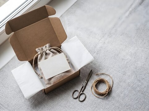 Opened kraft parcel with linen pouch blank card scissors and twine
