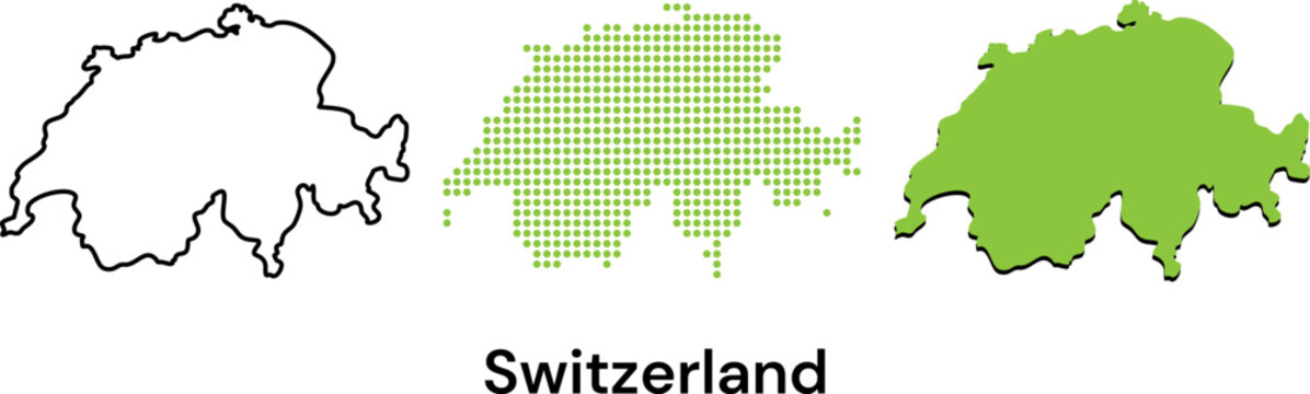 Three stylized variations of the switzerland national map outline on white background