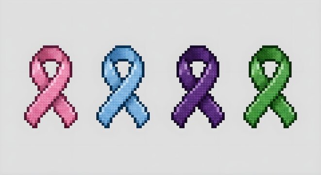 Set of 4 pixel art awareness ribbon icons in different colors with textured detail on clean background, copy space