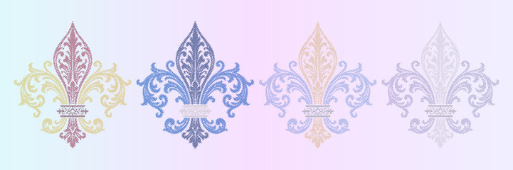 Colorful Dotted Fleur-de-lis Heraldic Symbols on Gradient Background © Dragut Design AI