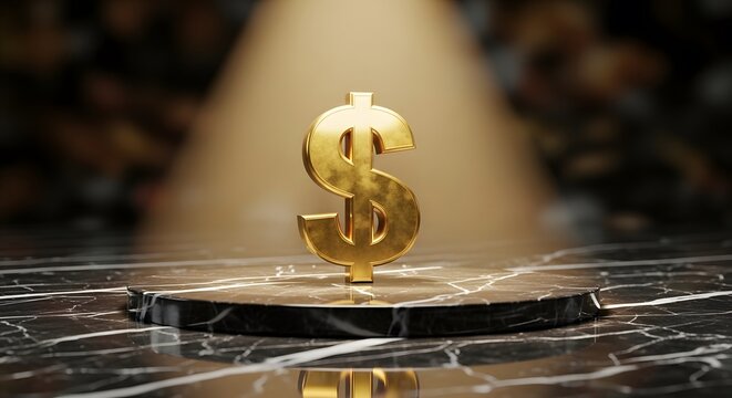 Golden dollar sign prominently displayed on a marble pedestal under dramatic spotlight, symbolizing financial power and economic value in a clean setting.