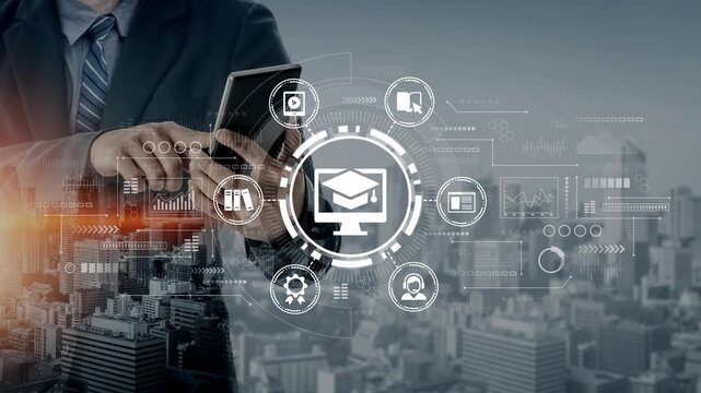 Businessman using smartphone with digital educational icons and city skyline background showcasing modern technology and online learning concept. Entropy.