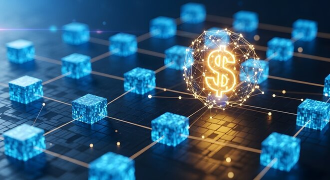 Decentralized finance network with glowing dollar sign at its core representing digital currency blockchain technology and future of financial transactions.