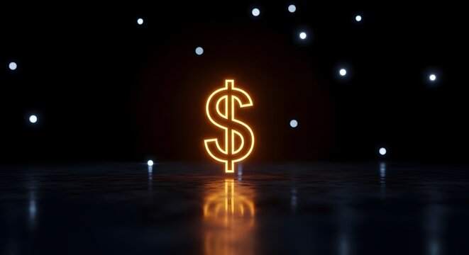Striking golden dollar sign illuminated on dark reflective surface with subtle starry background symbolizing wealth success and financial prosperity.
