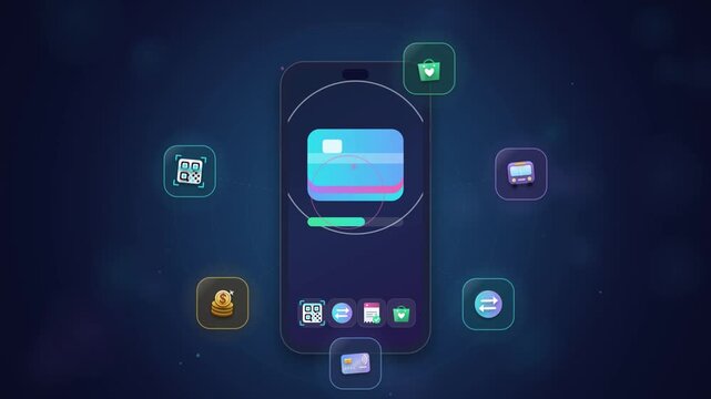 Animated smartphone with digital payment interface and floating financial icons representing fintech ecosystem and mobile banking technology