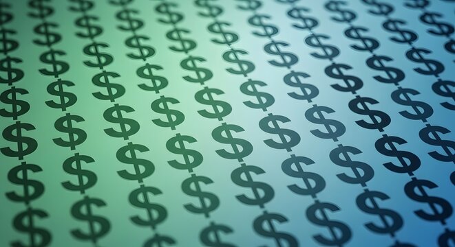 Seamless pattern of repeating gold dollar signs on a gradient background transitioning from green to blue, symbolizing economic flow and digital currency, abstract texture.