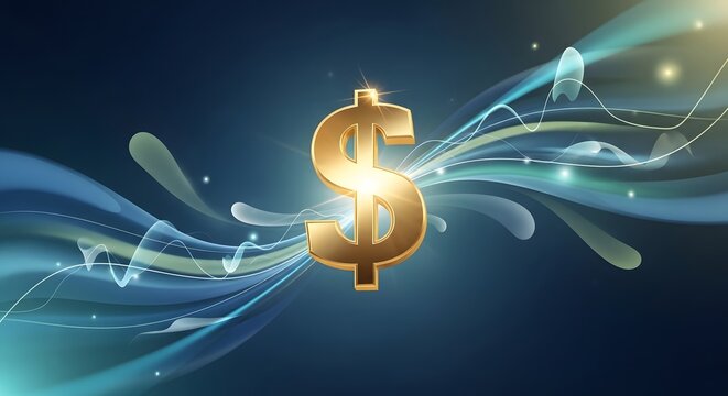 Stunning golden dollar sign set against flowing abstract ribbons and light trails representing dynamic energy and growth in modern digital finance and global investment markets globally today.